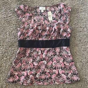 LOFT Floral Blouse with Pink and Black Accents